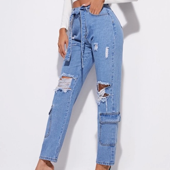 High waist self belted flap pocket ripped jeans - Picture 5 of 5